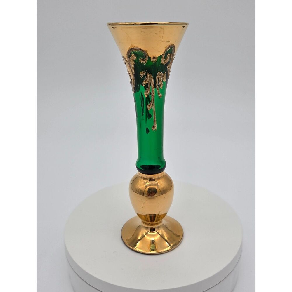 Vintage Bohemian Green Glass Bud Vase Heavy Gold Gilt Applied Flower